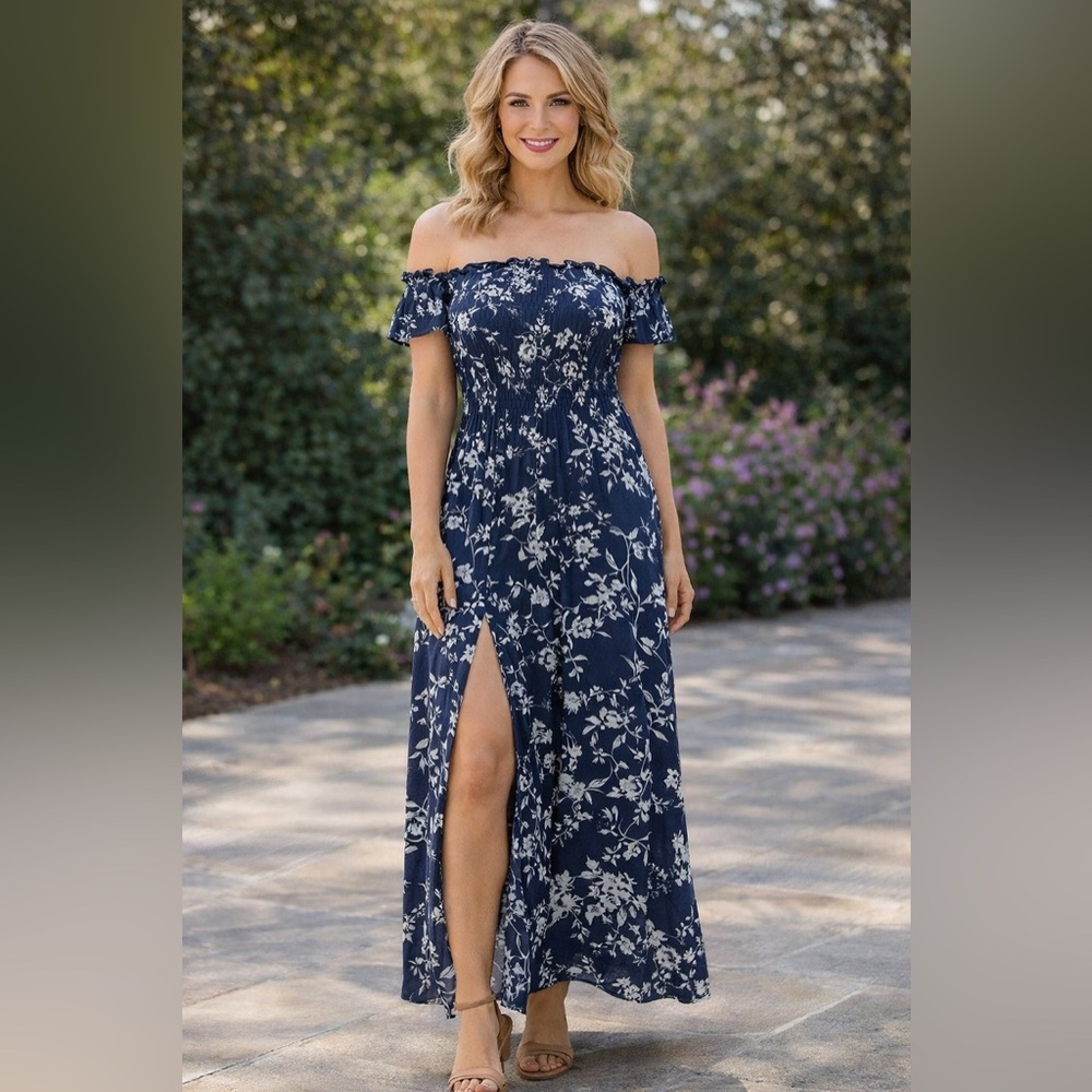 Ten Sixty Sherman Navy Blue & White Floral Boho Coquette Maxi Dress, Split Front
